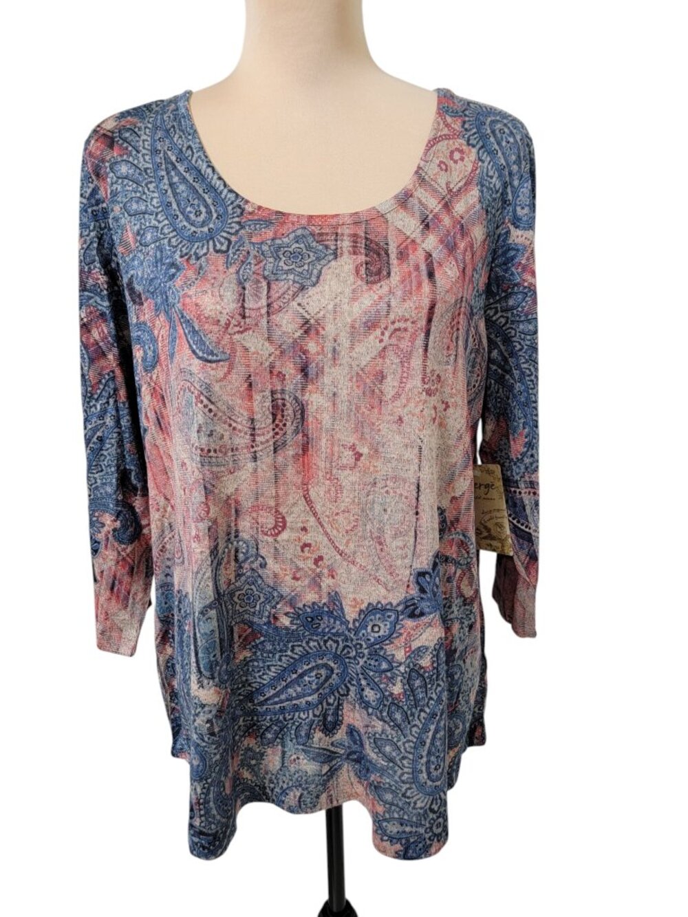 Energe World Wear Size XL Faded Blue & Red Paisley Pattern Top, NEW with Tag